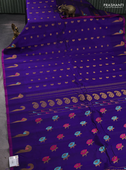 Pure gadwal silk saree blue and purple with allover zari woven buttas and peacock zari woven butta border