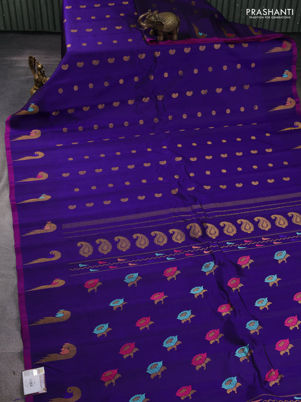 Pure gadwal silk saree blue and purple with allover zari woven buttas and peacock zari woven butta border