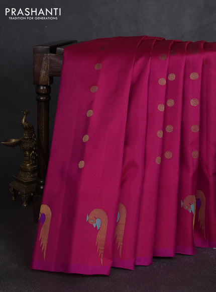 Pure gadwal silk saree dual shade of pink with allover zari woven buttas and peacock zari woven butta border
