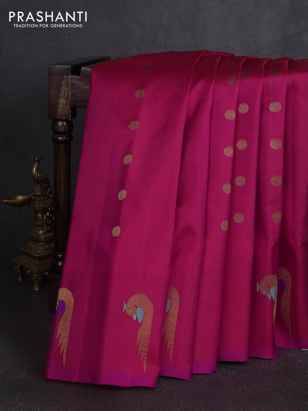 Pure gadwal silk saree dual shade of pink with allover zari woven buttas and peacock zari woven butta border