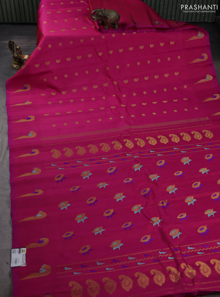 Pure gadwal silk saree dual shade of pink with allover zari woven buttas and peacock zari woven butta border