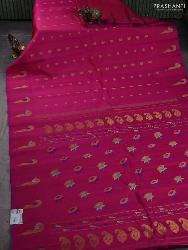 Pure gadwal silk saree dual shade of pink with allover zari woven buttas and peacock zari woven butta border