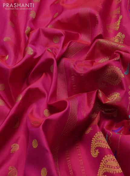 Pure gadwal silk saree dual shade of pink with allover zari woven buttas and peacock zari woven butta border