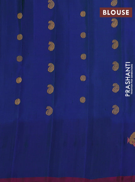 Pure gadwal silk saree dual shade of blue with allover zari woven buttas and peacock zari woven butta border