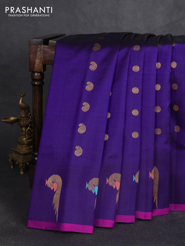 Pure gadwal silk saree blue with allover zari woven buttas and peacock zari woven butta border