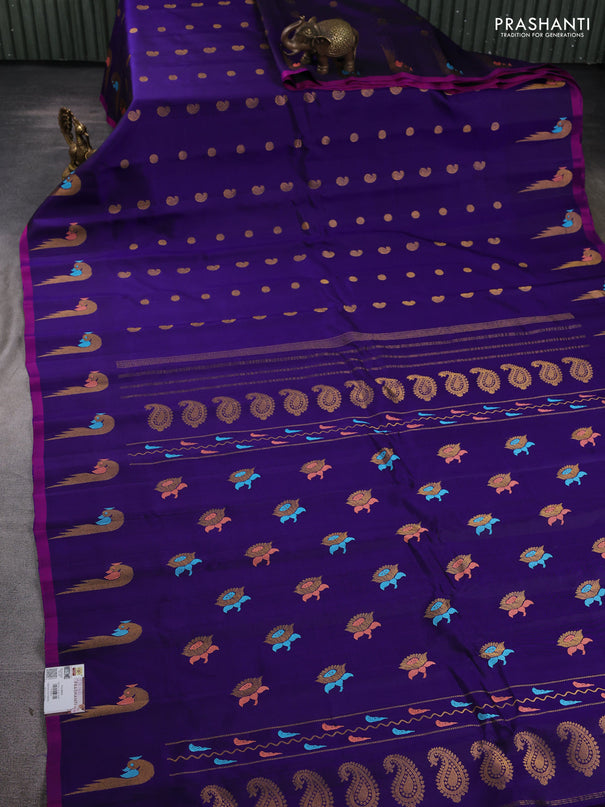 Pure gadwal silk saree blue with allover zari woven buttas and peacock zari woven butta border