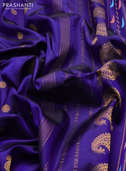 Pure gadwal silk saree blue with allover zari woven buttas and peacock zari woven butta border