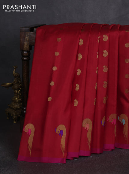 Pure gadwal silk saree red and pink with allover zari woven buttas and peacock zari woven butta border