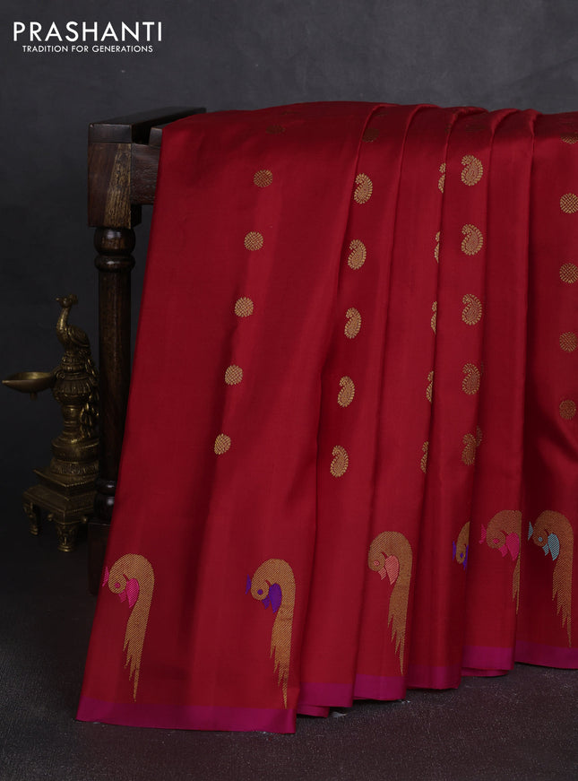 Pure gadwal silk saree red and pink with allover zari woven buttas and peacock zari woven butta border