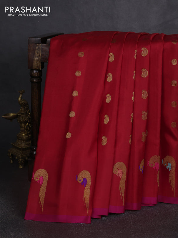 Pure gadwal silk saree red and pink with allover zari woven buttas and peacock zari woven butta border