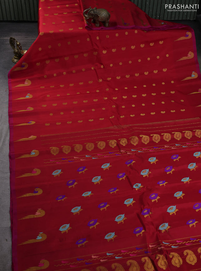 Pure gadwal silk saree red and pink with allover zari woven buttas and peacock zari woven butta border