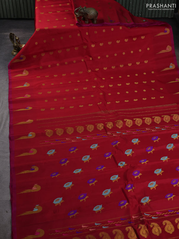 Pure gadwal silk saree red and pink with allover zari woven buttas and peacock zari woven butta border