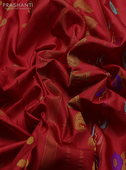 Pure gadwal silk saree red and pink with allover zari woven buttas and peacock zari woven butta border