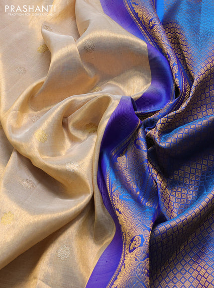 Pure gadwal tissue silk saree gold and cs blue with silver & gold zari woven buttas and temple design zari woven border