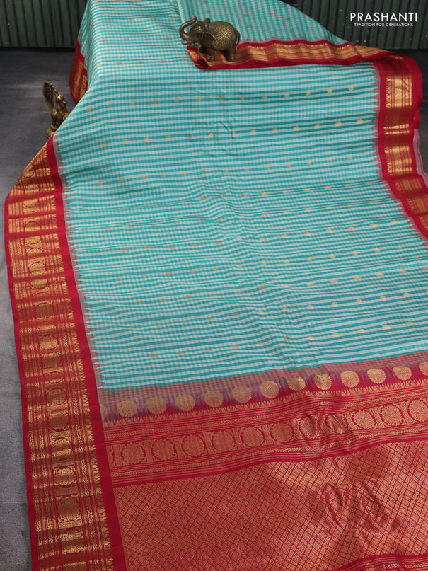 Pure gadwal silk saree off white teal green and reddish pink with allover checks & zari woven buttas and temple design zari woven border