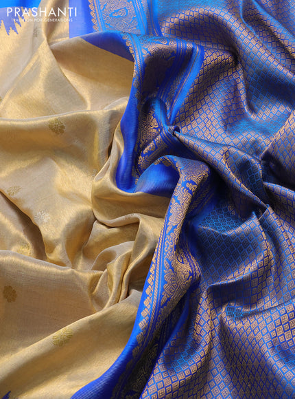 Pure gadwal tissue silk saree gold and cs blue with allover silver & gold zari woven buttas and temple design zari woven border