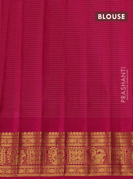 Pure gadwal silk saree elachi green and tomato pink with allover zari checks & buttas and temple design zari woven border