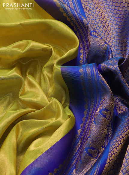 Pure gadwal silk saree lime yellow and blue with allover silver & gold zari woven buttas and temple design zari woven border