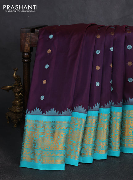 Pure gadwal silk saree wine shade and teal blue with thread & zari woven buttas and temple design zari woven border