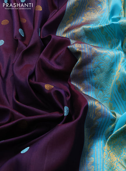 Pure gadwal silk saree wine shade and teal blue with thread & zari woven buttas and temple design zari woven border