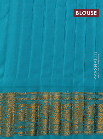 Pure gadwal silk saree wine shade and teal blue with thread & zari woven buttas and temple design zari woven border
