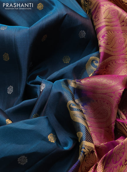 Pure gadwal silk saree peacock green and dark magenta with silver & gold zari woven buttas and long zari woven border
