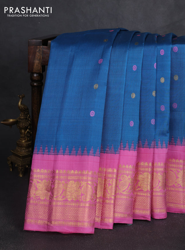 Pure gadwal silk saree cs blue and light pink with thread & zari woven rudhraksha buttas and temple design thread woven border