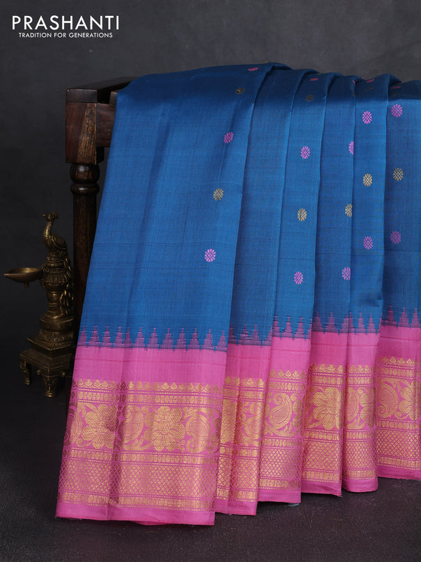 Pure gadwal silk saree cs blue and light pink with thread & zari woven rudhraksha buttas and temple design thread woven border
