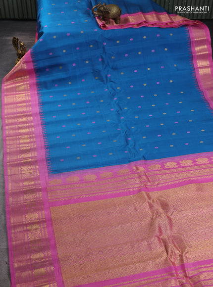 Pure gadwal silk saree cs blue and light pink with thread & zari woven rudhraksha buttas and temple design thread woven border