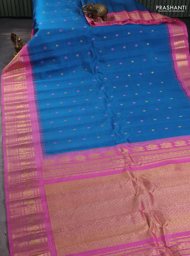 Pure gadwal silk saree cs blue and light pink with thread & zari woven rudhraksha buttas and temple design thread woven border