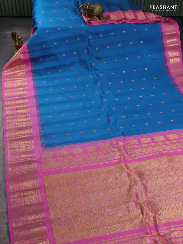 Pure gadwal silk saree cs blue and light pink with thread & zari woven rudhraksha buttas and temple design thread woven border