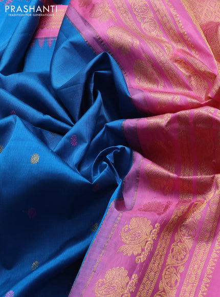 Pure gadwal silk saree cs blue and light pink with thread & zari woven rudhraksha buttas and temple design thread woven border