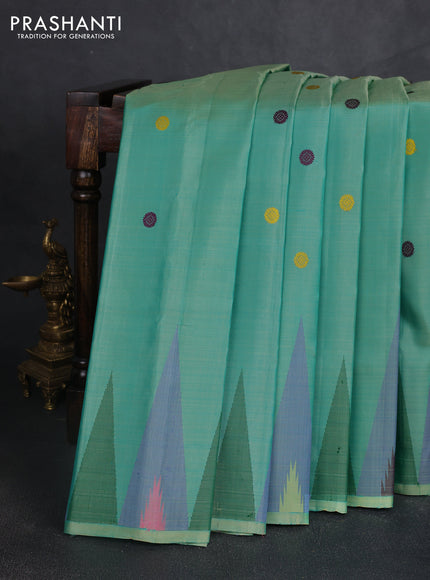 Pure gadwal silk saree teal green and cs blue with thread & zari woven rudhraksha buttas and temple design thread woven border