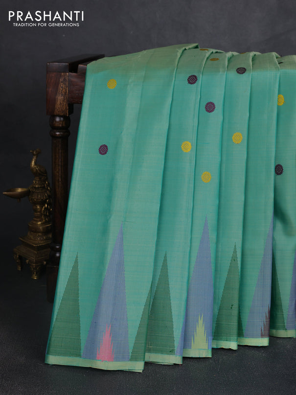 Pure gadwal silk saree teal green and cs blue with thread & zari woven rudhraksha buttas and temple design thread woven border