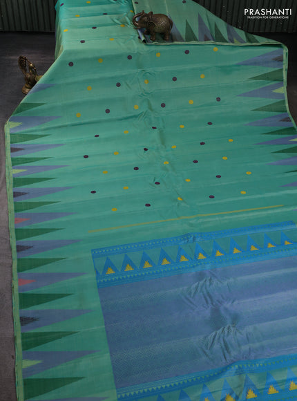 Pure gadwal silk saree teal green and cs blue with thread & zari woven rudhraksha buttas and temple design thread woven border