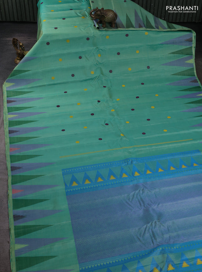 Pure gadwal silk saree teal green and cs blue with thread & zari woven rudhraksha buttas and temple design thread woven border