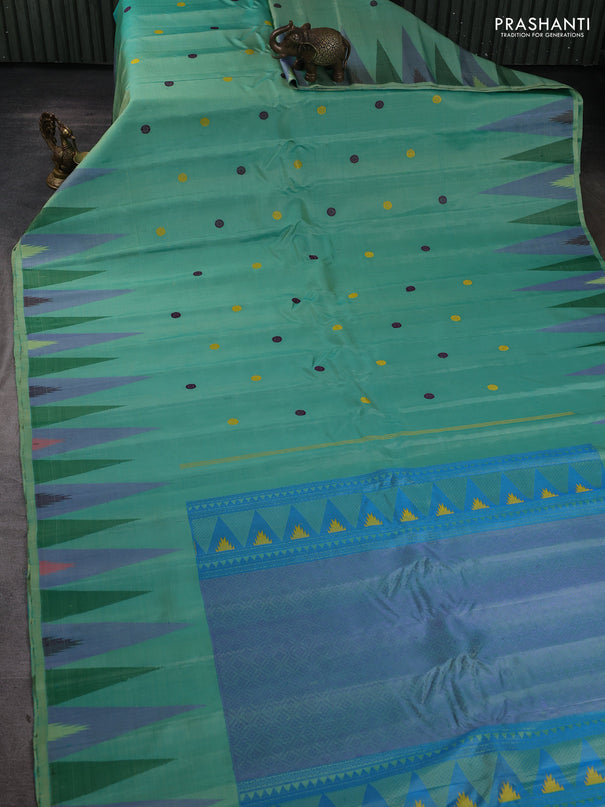 Pure gadwal silk saree teal green and cs blue with thread & zari woven rudhraksha buttas and temple design thread woven border