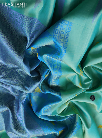 Pure gadwal silk saree teal green and cs blue with thread & zari woven rudhraksha buttas and temple design thread woven border