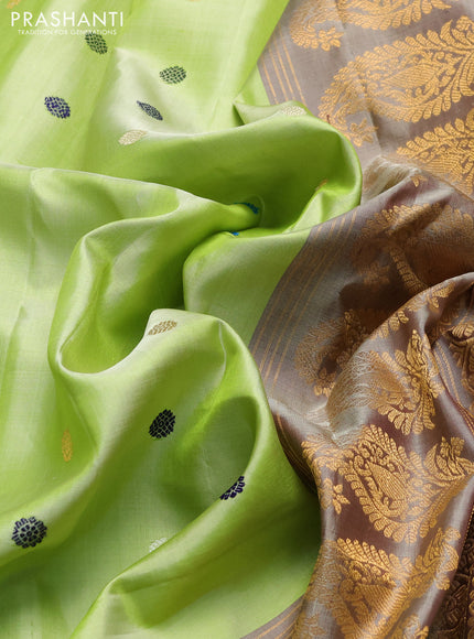 Pure gadwal silk saree pista green and chikku shade with thread & zari woven rudhraksha buttas and temple design border