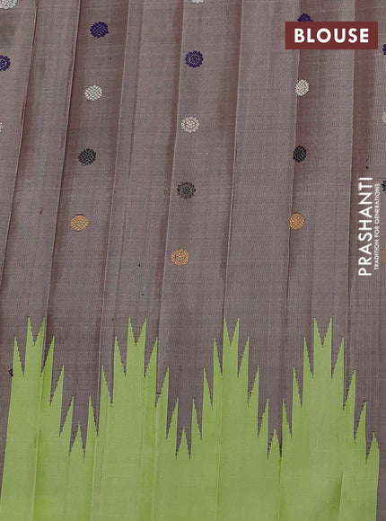 Pure gadwal silk saree pista green and chikku shade with thread & zari woven rudhraksha buttas and temple design border