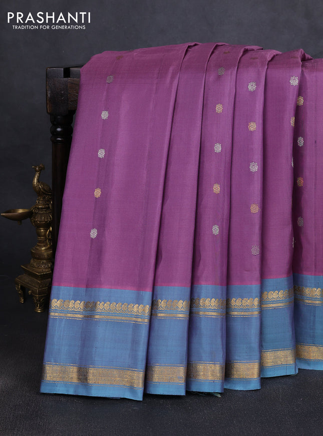 Pure gadwal silk saree pastel purple and greyish blue with silver & gold zari woven buttas and rettapet zari woven border