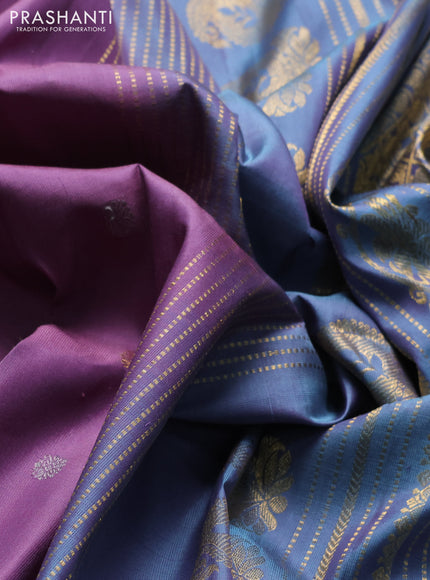 Pure gadwal silk saree pastel purple and greyish blue with silver & gold zari woven buttas and rettapet zari woven border