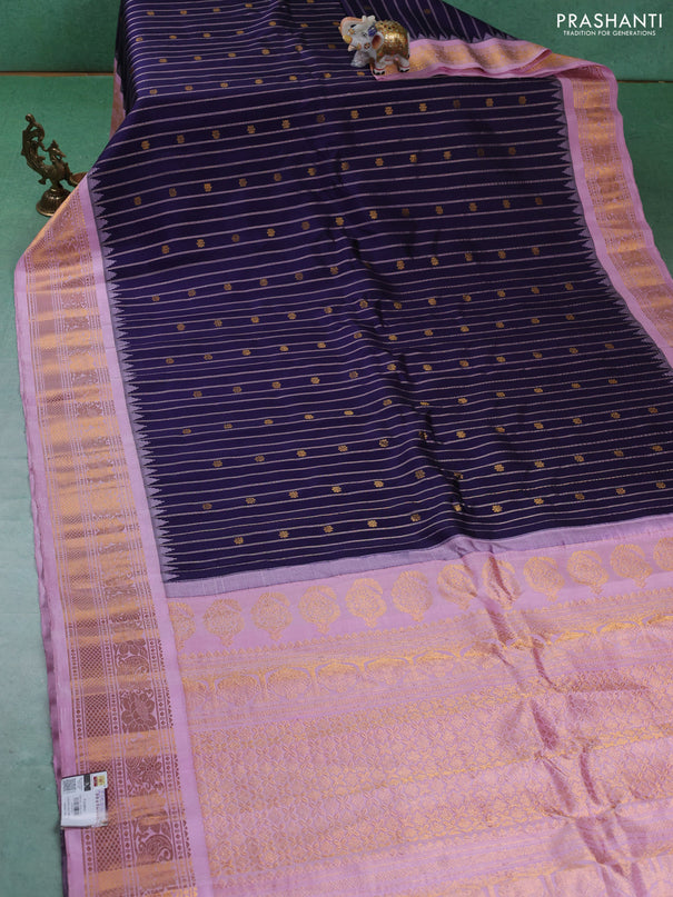 Pure gadwal silk saree navy blue and lotus pink with allover zari stripe & buttas and temple design zari woven border