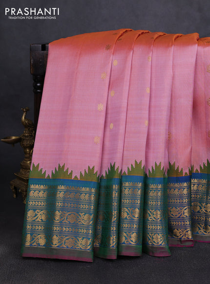 Pure gadwal silk saree mild peach pink and dual shade of bluish green with zari woven buttas and temple design zari woven border