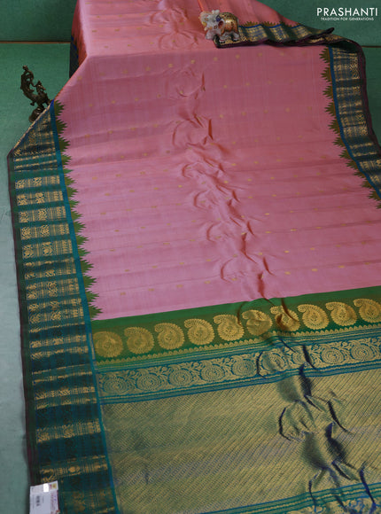 Pure gadwal silk saree mild peach pink and dual shade of bluish green with zari woven buttas and temple design zari woven border