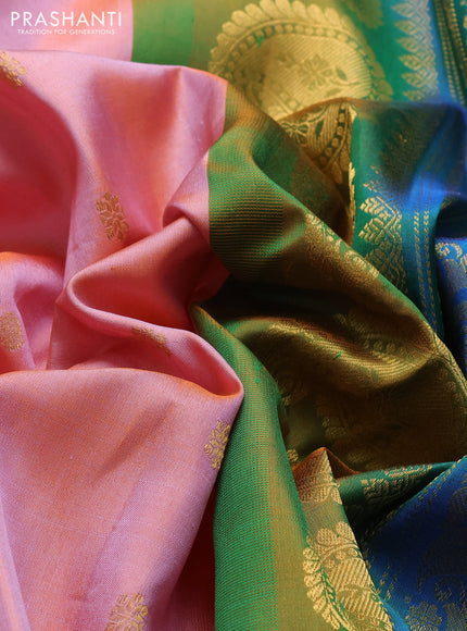Pure gadwal silk saree mild peach pink and dual shade of bluish green with zari woven buttas and temple design zari woven border