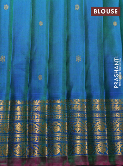 Pure gadwal silk saree mild peach pink and dual shade of bluish green with zari woven buttas and temple design zari woven border