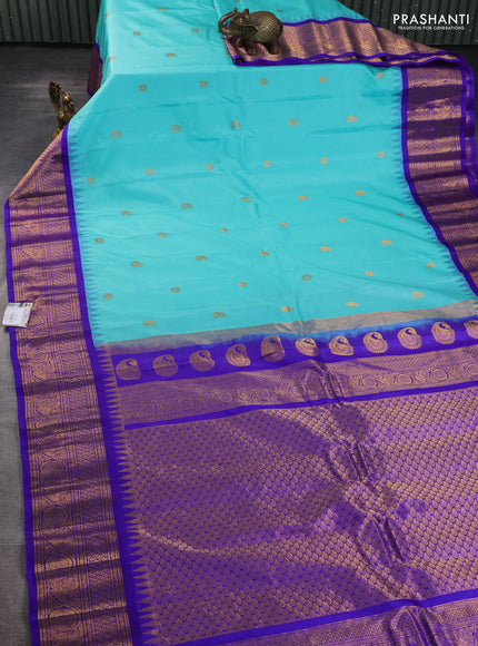 Pure gadwal silk saree teal blue and royal blue with allover paisley zari woven buttas and temple design zari woven border