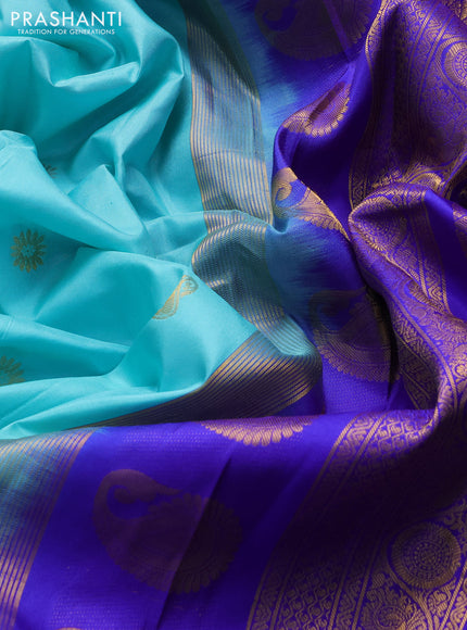 Pure gadwal silk saree teal blue and royal blue with allover paisley zari woven buttas and temple design zari woven border