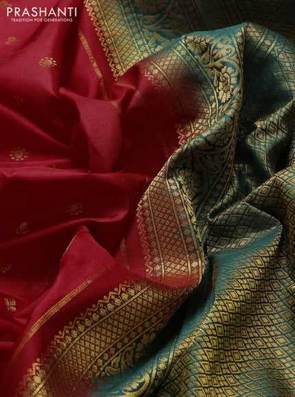 Pure gadwal silk saree maroon and bottle green with allover zari woven buttas and temple design zari woven border